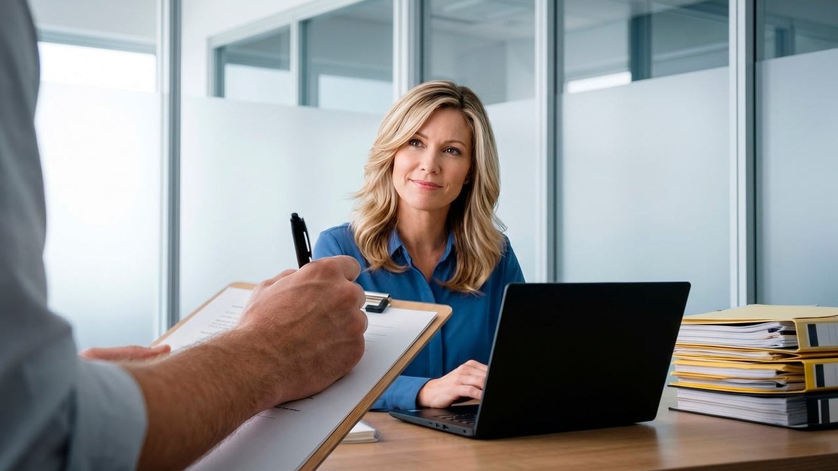 Femme blonde à un bureau avec un homme et un ordinateur portable