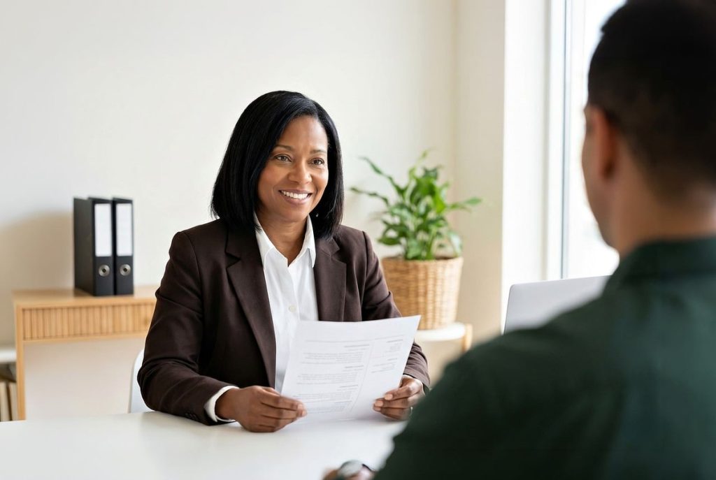 Une femme souriante montre un document à un homme lors d'un entretien